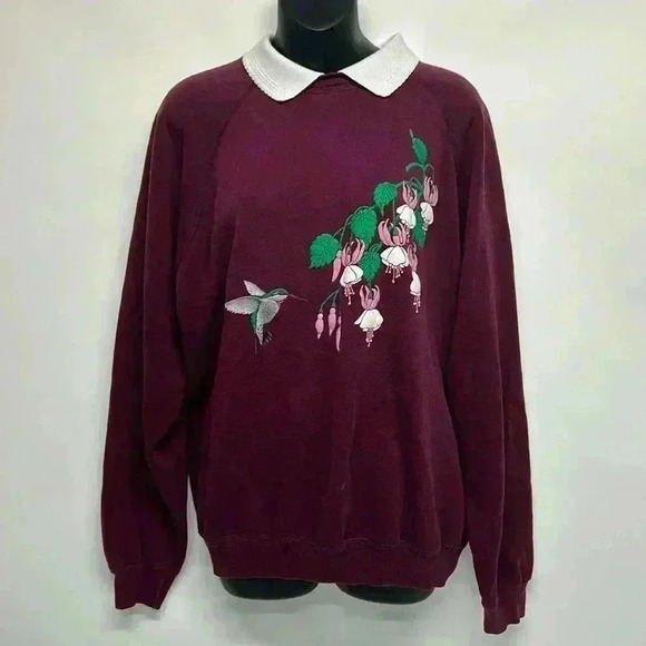 Vintage grandma sweater with hummingbird flowers large burgundy attached collar - Picture 1 of 9
